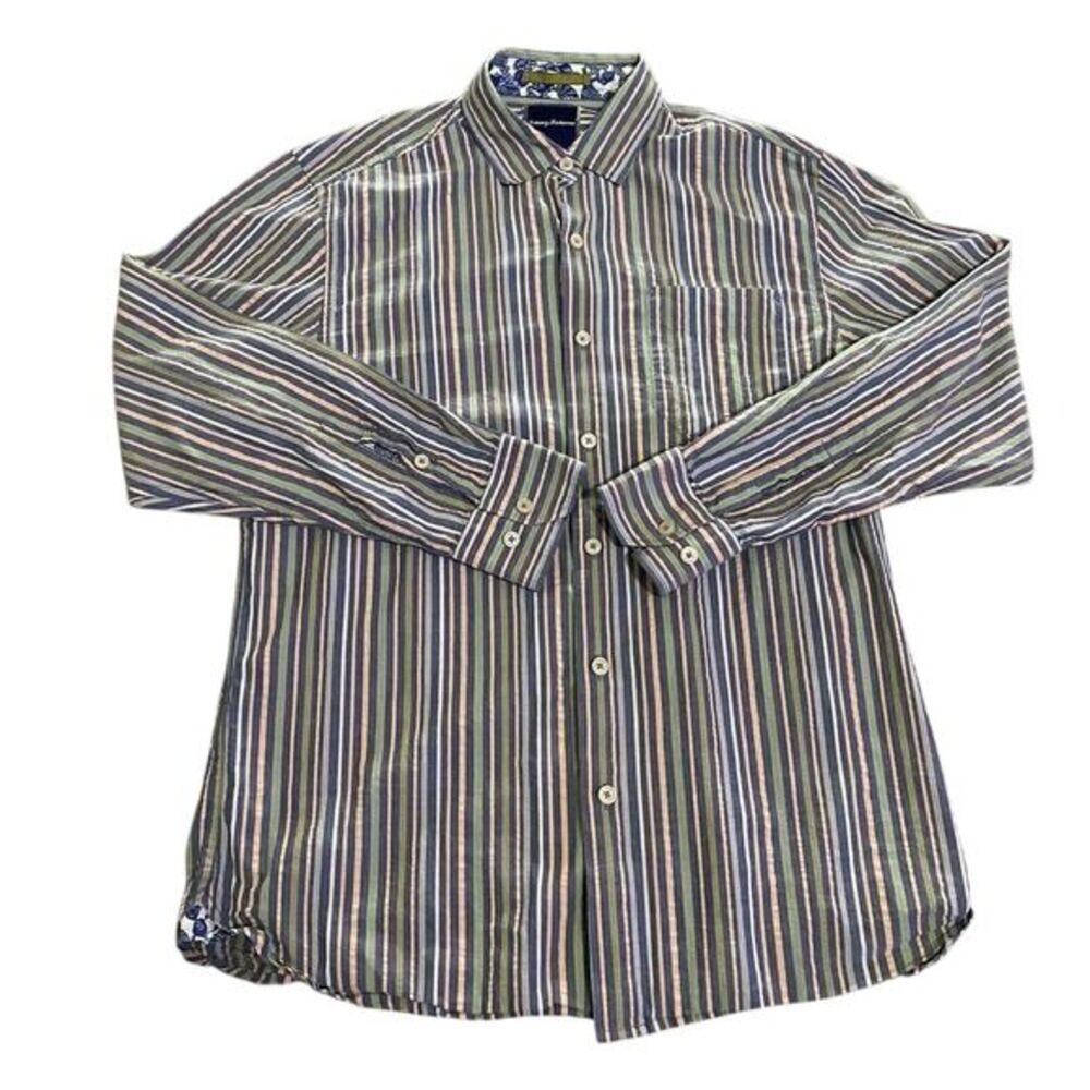 Tommy Bahama Mens Medium Striped Button Down Shirt Blue Green Cotton 163-T314642